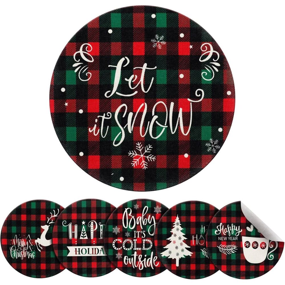 6 Pcs Round Christmas Placemats Winter Snowflake Deer Buffalo Plaid Table